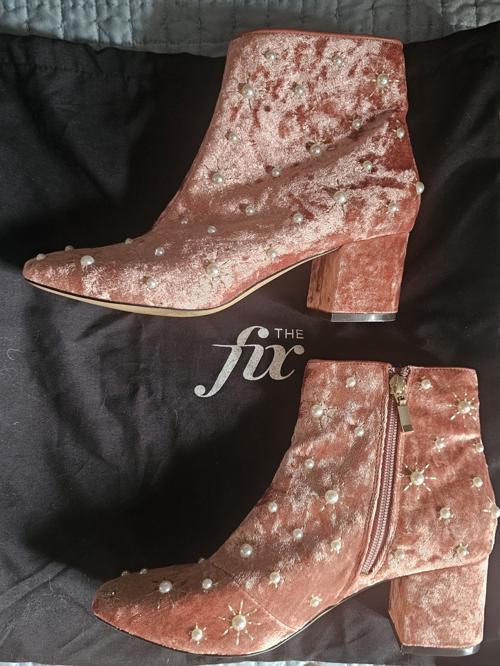 Pearl-Embellished Velvet Ankle Boots in Rose